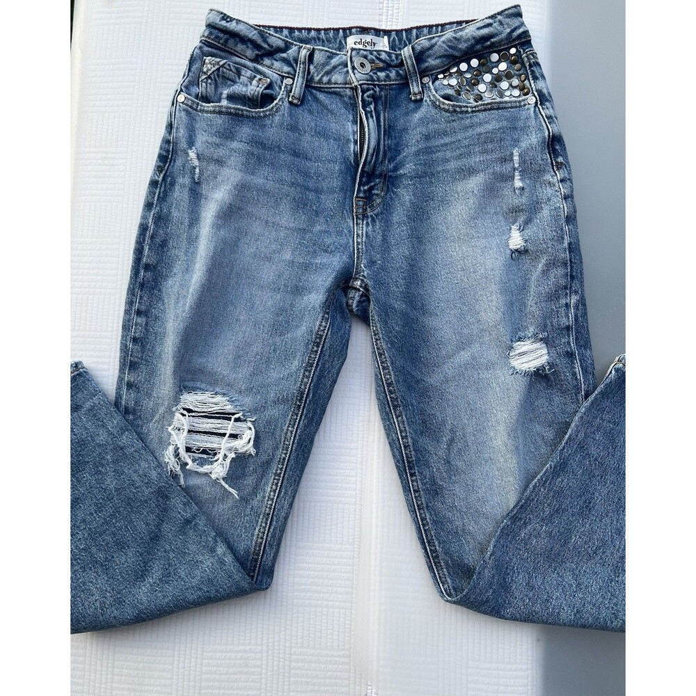 Edgely 90s Taper Hi Rise Jeans Distressed Studded Sz 6S C120